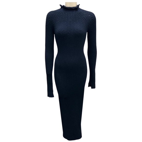 ACNE STUDIOS NAVY BLUE KENNICE LONG SLEEVED RIBBED KNIT MIDI DRESS - Picture 1 of 6